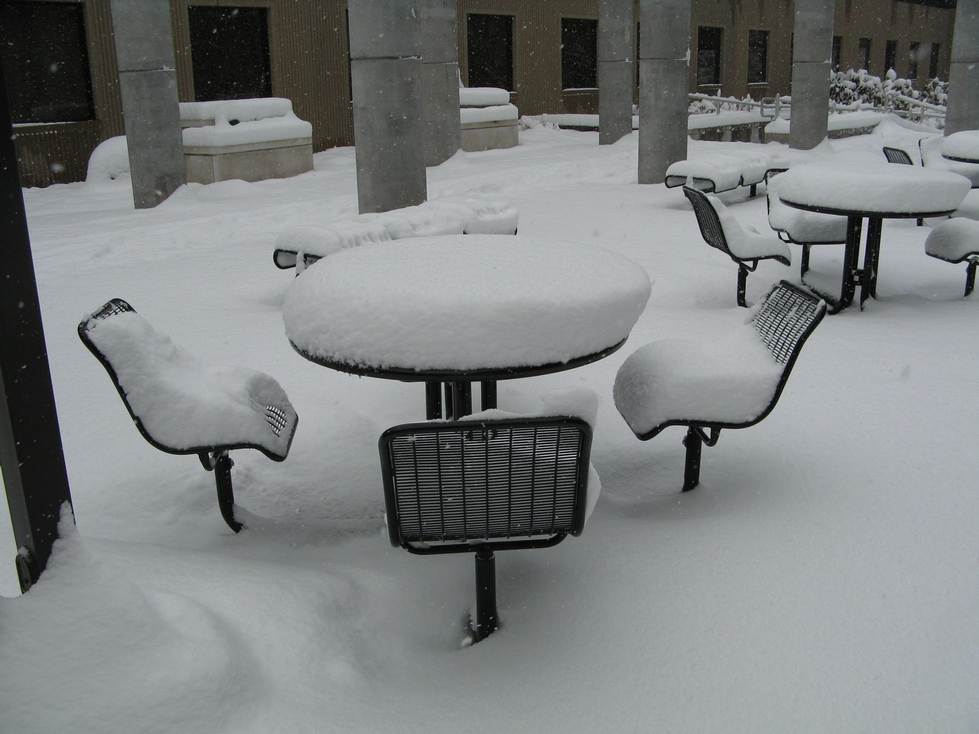 Mackinac Hall courtyard under heavy snow